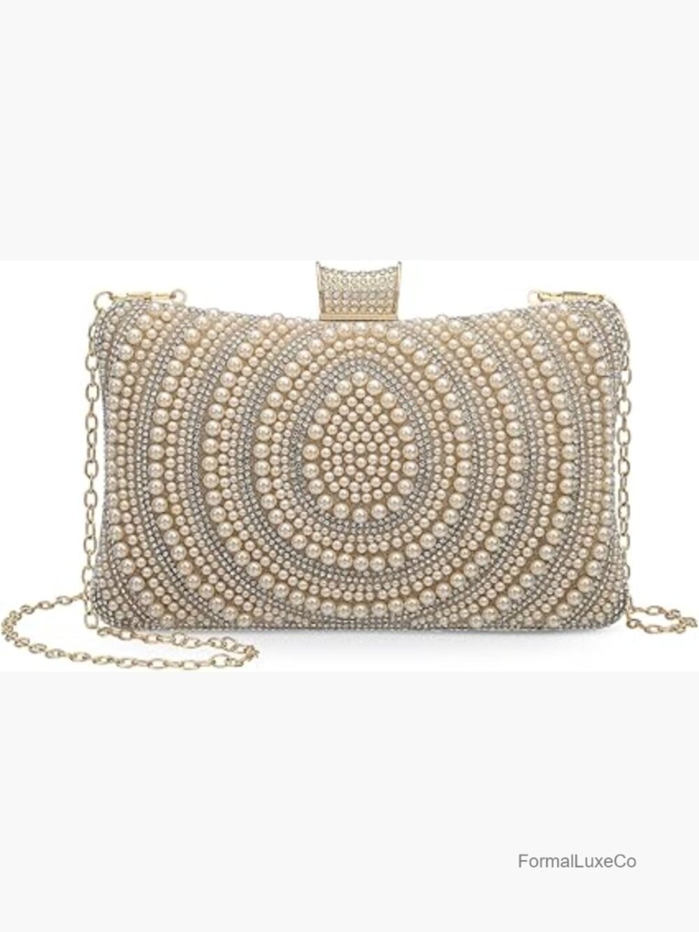 Pearl Sequined Evening Clutch with Rhinestone Accent Detachable Shoulder Strap - Picture 1 of 7